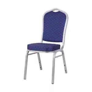 Eleganter Bankettstuhl Blues in Blau mit Rautenmuster und robustem silbernem Gestell für professionelle Veranstaltungen.