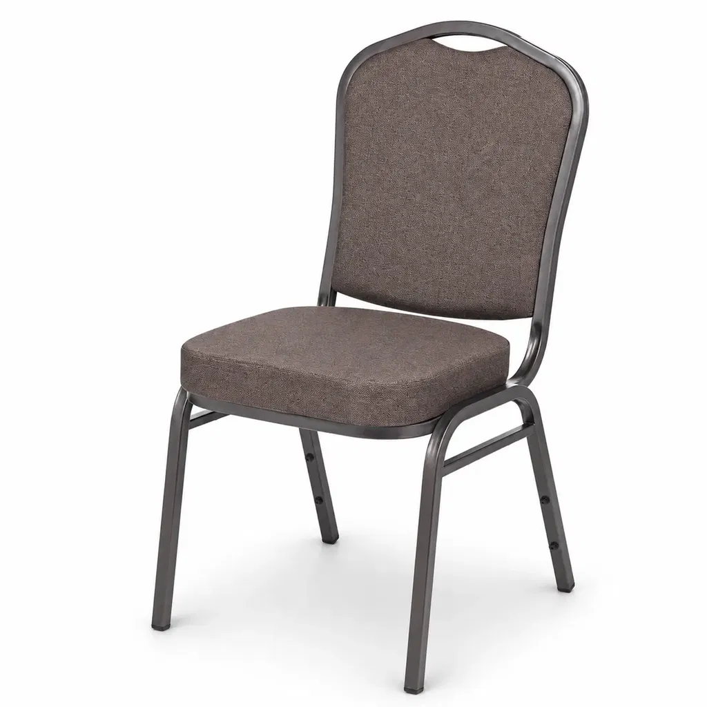 Bankettstuhl Expert ES 140 Braun – Hauptansicht Bankettstuhl Expert ES 140 Braun mit brauner Polsterung und stabilem Metallgestell in Schrägansicht