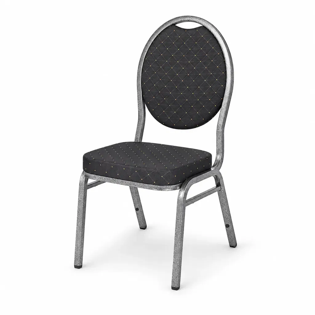 Bankettstuhl Herman Schwarz Bankettstuhl Herman Schwarz mit gemusterter schwarzer Polsterung und silberfarbenem Metallgestell