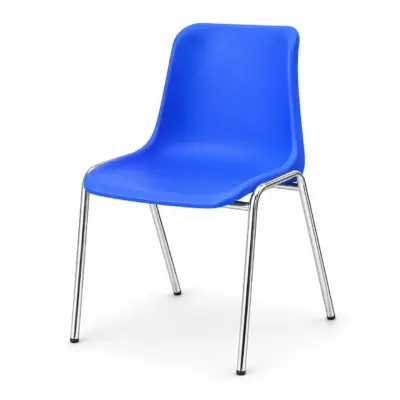 Konferenzstuhl MAXI CR Blau mit blauer Kunststoffsitzschale und verchromtem Metallgestell in vorderer Schrägansicht.