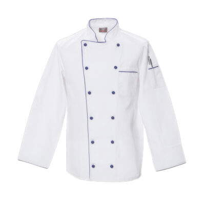 Unisex Chefkochjacke Standard Langarm Weiß/Royalblau (S-3XL)
