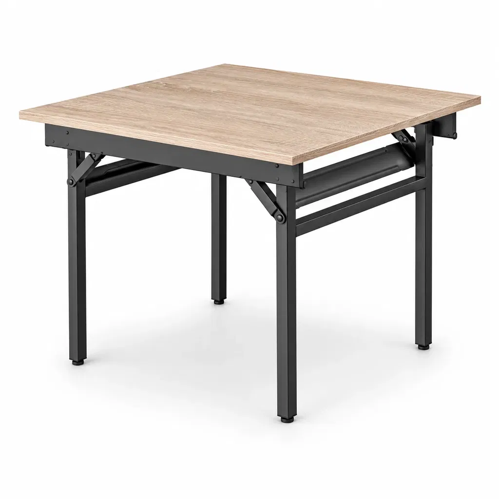 Banketttisch HS-600 – Schrägansicht Banketttisch HS-600 mit heller Holzdekor-Tischplatte und stabilem schwarzem Klappgestell in Schrägansicht.