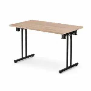 Banketttisch T-300 mit heller Tischplatte in Holzoptik und schwarzem klappbarem Metallgestell