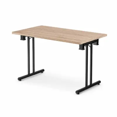 Banketttisch T-300 mit heller Tischplatte in Holzoptik und schwarzem klappbarem Metallgestell