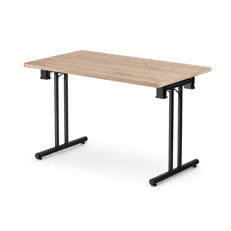 Banketttisch T-300 – klappbarer Banketttisch Banketttisch T-300 mit heller Tischplatte in Holzoptik und schwarzem klappbarem Metallgestell