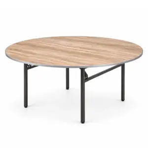 Runder Banketttisch EC-HK mit heller Holzoptik, schwarzem Metallgestell und klappbarer Konstruktion