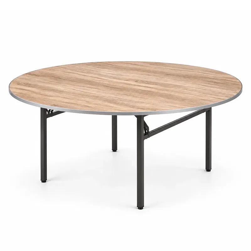 Banketttisch EC-HK rund Runder Banketttisch EC-HK mit heller Holzoptik, schwarzem Metallgestell und klappbarer Konstruktion