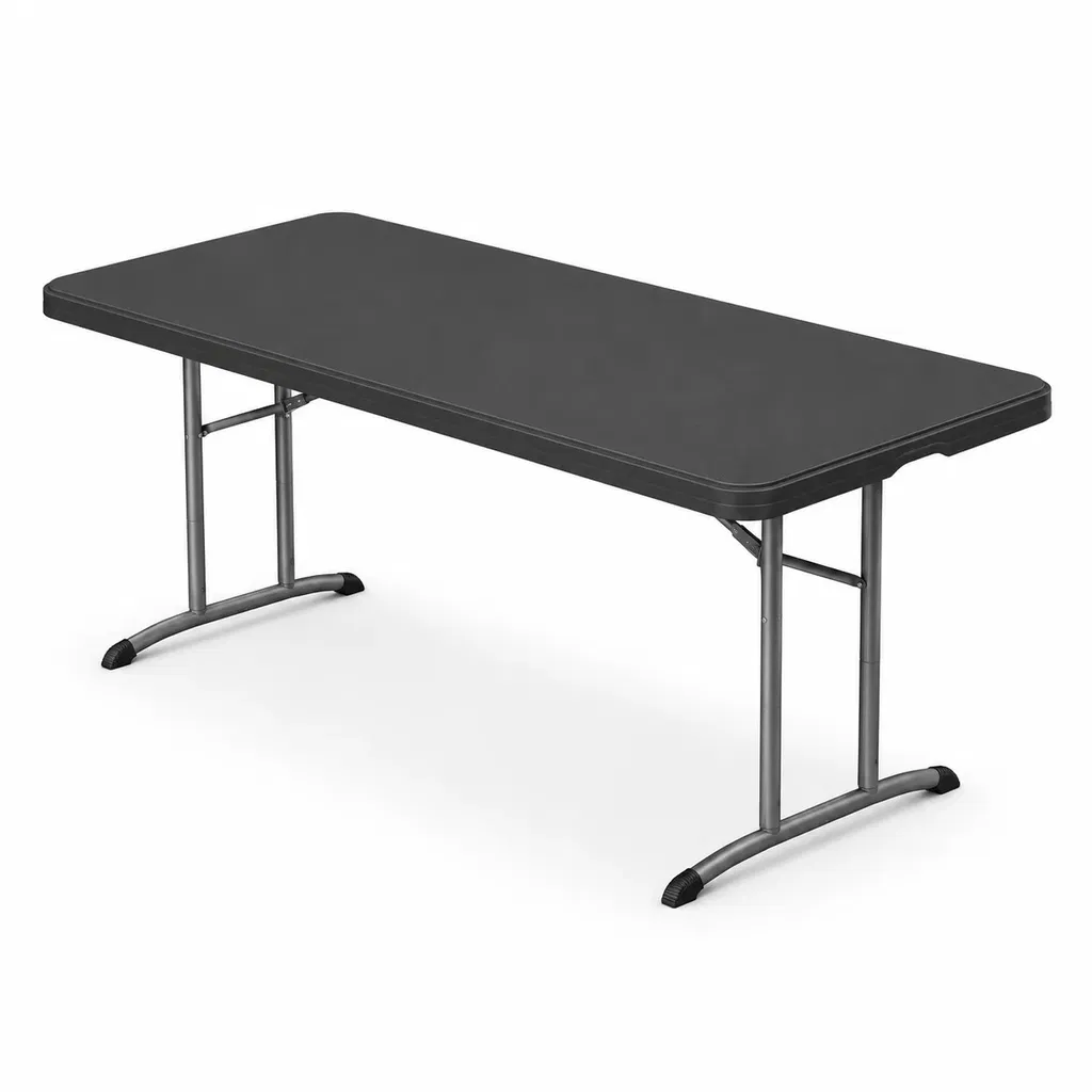 Catering-Klapptisch 81168 Magnetic – Schrägansicht Catering-Klapptisch 81168 Magnetic mit schwarzer Tischplatte, stabilem Metallgestell und klappbarer Konstruktion in Schrägansicht.
