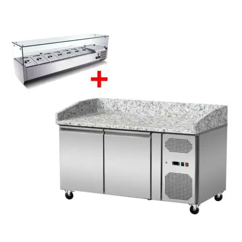 Pizza Kühltisch, Granit rosa-grau, 2 Türen, 151 x 80 Kühlaufsatz GN1/4 mit Glas – Bild 1