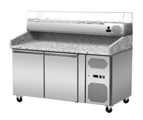 Pizza Kühltisch, Granit rosa-grau, 2 Türen, 151 x 80 Kühlaufsatz GN1/4 mit Glas – Bild 9
