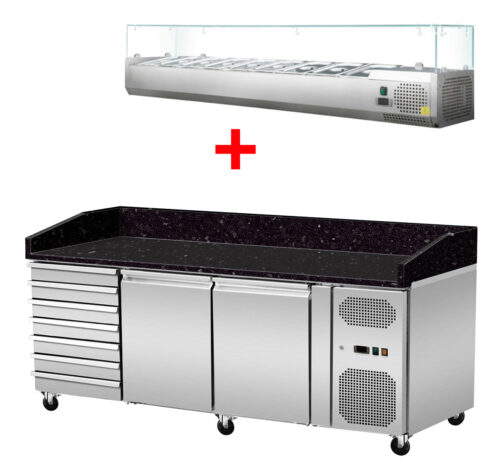 Pizza Kühltisch, Granit Star Galaxy schwarz, 2 Türen 7 ungek. Schubladen, 203 x 80 Kühlaufsatz GN1/3 mit Glas – Bild 1
