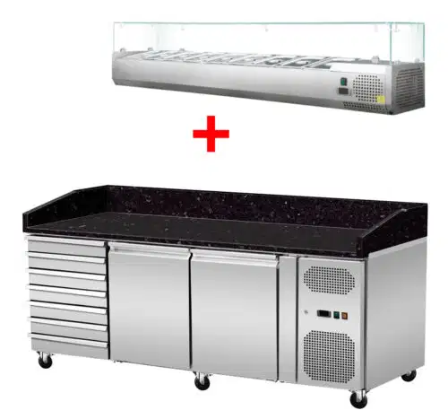 Pizza Kühltisch, Granit Star Galaxy schwarz, 2 Türen 7 ungek. Schubladen, 203 x 80 Kühlaufsatz GN1/3 mit Glas – Bild 1