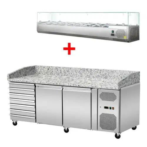 Pizza Kühltisch, Granit rosa-grau, 2 Türen 7 ungek. Schubladen, 203 x 80 Kühlaufsatz GN1/4 mit Glas – Bild 1