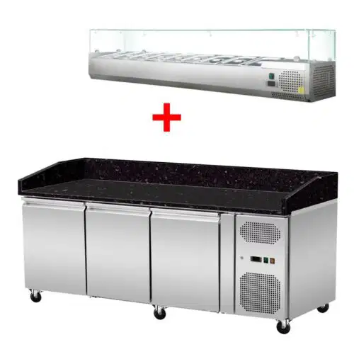 Pizza Kühltisch, Granit Star Galaxy schwarz, 3 Türen, 203 x 80 Kühlaufsatz GN1/4 mit Glas – Bild 1