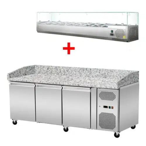 Pizza Kühltisch, Granit rosa-grau, 3 Türen, 203 x 80 Kühlaufsatz GN1/4 mit Glas – Bild 1