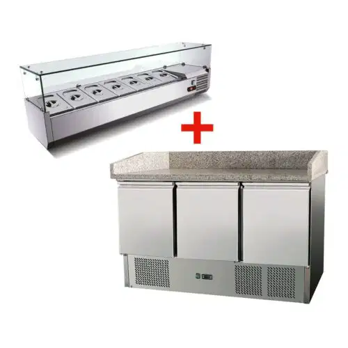 Pizzatisch 3 Türen, mit Unterbaukühlung, 140 x 70 Kühlaufsatz GN1/4 mit Glas – Bild 1
