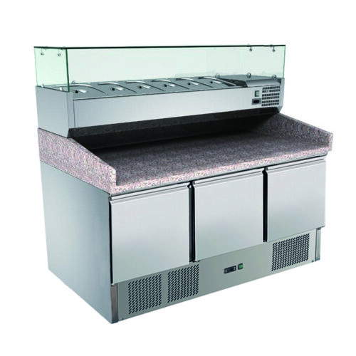 Pizzatisch 3 Türen, mit Unterbaukühlung, 140 x 70 Kühlaufsatz GN1/4 mit Glas – Bild 2