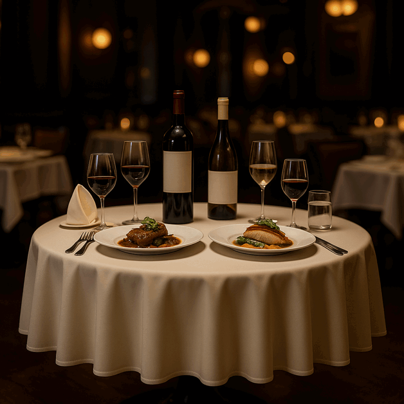Runder Tisch mit cremefarbener Tischdecke, Gourmetgerichte und Wein im Michelin-Sternerestaurant.