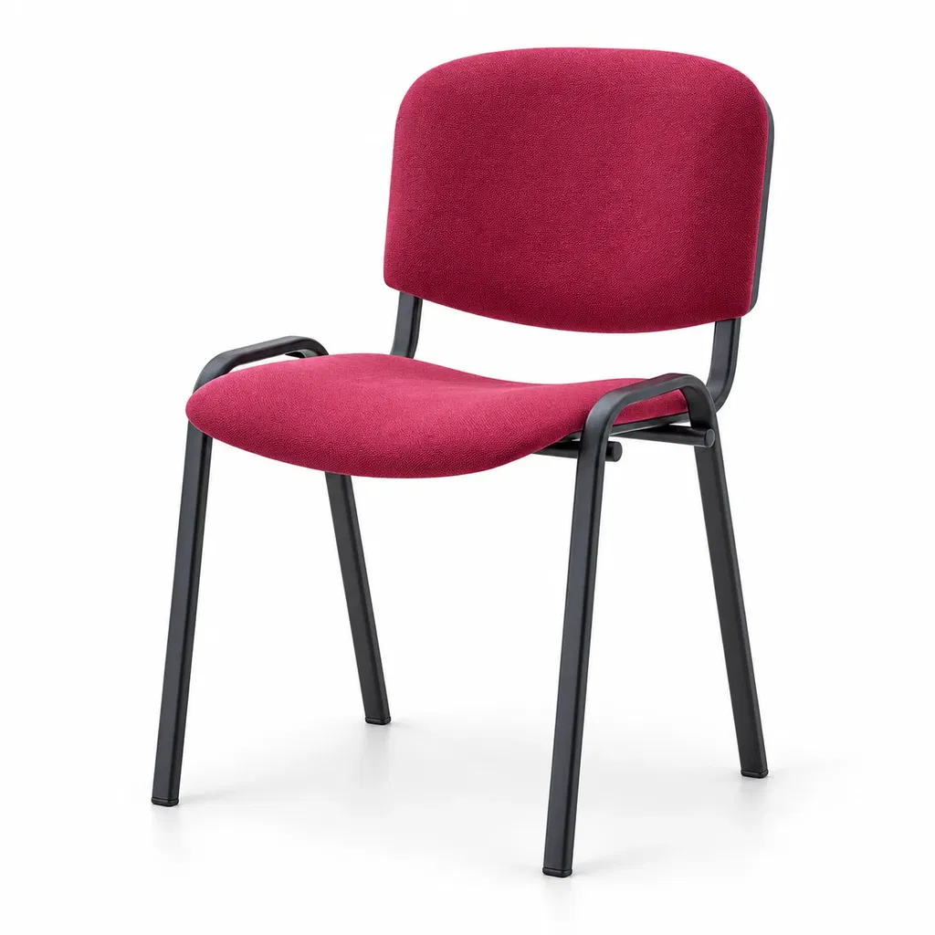 Konferenzstuhl ISO STANDARD BL T0019 – Schrägansicht Konferenzstuhl ISO STANDARD BL T0019 mit gepolstertem Sitz, gepolsterter Rückenlehne und schwarzem Metallgestell in Schrägansicht.
