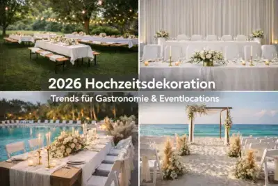 2026 Hochzeitsdekoration Trends für Gastronomie und Eventlocations mit Garten-, Festsaal-, Pool- und Strandhochzeit Dekoration