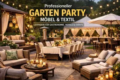Professionelle Gartenparty-Location mit hochwertigen Outdoor-Möbeln, gedeckten Tischen, Pavillons und Textilien für Gastronomie, Hotels und Events bei Abendbeleuchtung.