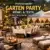 Professionelle Gartenparty-Location mit hochwertigen Outdoor-Möbeln, gedeckten Tischen, Pavillons und Textilien für Gastronomie, Hotels und Events bei Abendbeleuchtung.