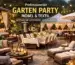 Professionelle Gartenparty-Location mit hochwertigen Outdoor-Möbeln, gedeckten Tischen, Pavillons und Textilien für Gastronomie, Hotels und Events bei Abendbeleuchtung.