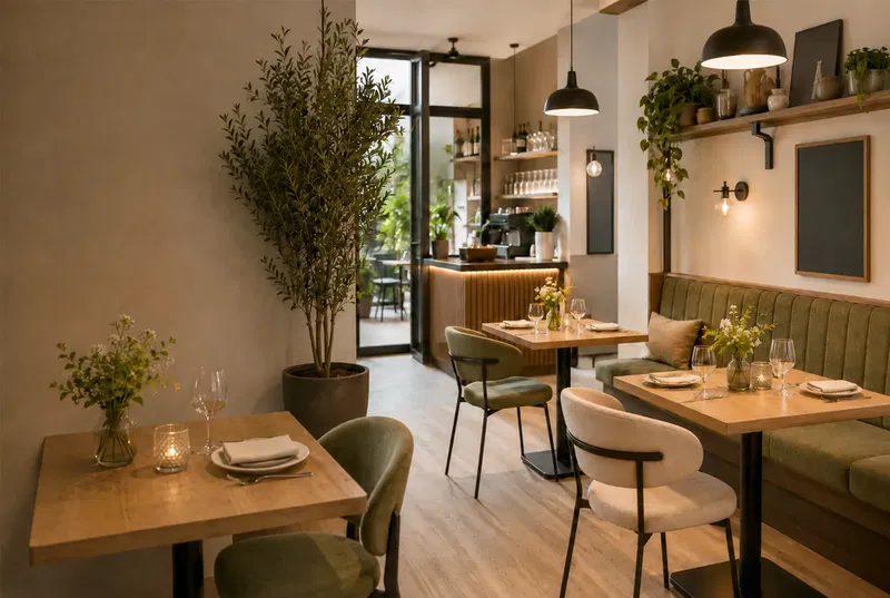 Moderne Gastronomiemöbel für kleine Restaurants mit platzsparenden Tischen, Stühlen und Sitzbänken