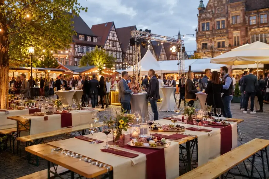 Weinfest Ausstattung beim Stuttgarter Weindorf 2026 mit Festzeltgarnituren, Stehtischen und stilvollen Tischtextilien