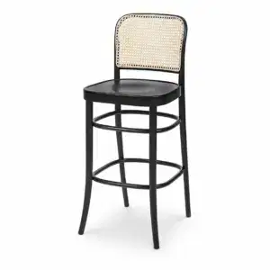 Bugholzstuhl Barhocker 811 Bar Rattan Schwarz mit Wiener Geflecht in Schrägansicht