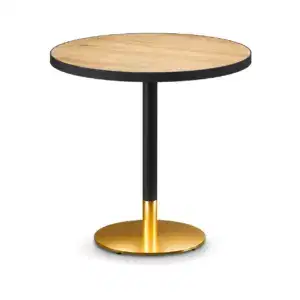 Cafétisch Omega rund mit Holzdekor-Tischplatte und goldenem Tischfuß für Gastronomie und Café