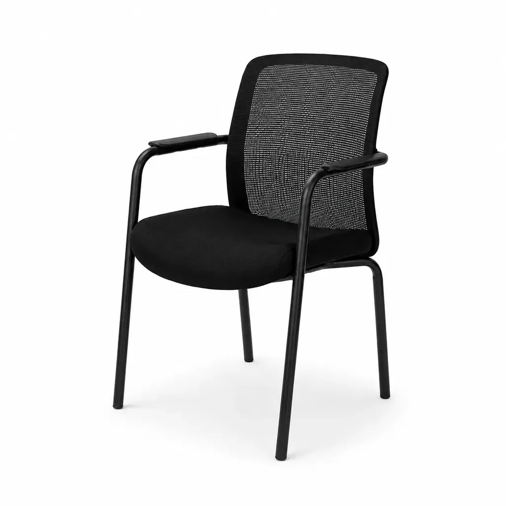 Konferenzstuhl Formo Schwarz – mit Armlehnen und Netzrücken Konferenzstuhl Formo Schwarz mit Armlehnen, Netzrücken, gepolsterter Sitzfläche und schwarzem Gestell für Konferenz- und Seminarräume