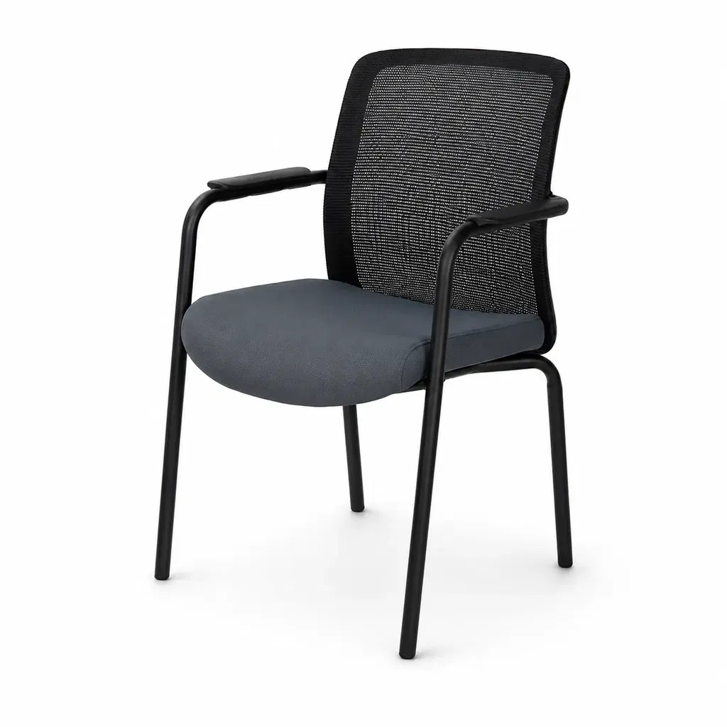 Konferenzstuhl Formo Schwarz-Grau – mit Armlehnen und Netzrücken Konferenzstuhl Formo Schwarz-Grau mit Armlehnen, Netzrücken, gepolsterter Sitzfläche und schwarzem Metallgestell für Konferenz- und Seminarräume