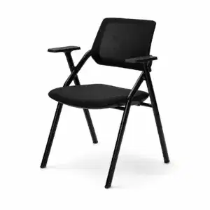 Konferenzstuhl Optima Schwarz mit Armlehnen, gepolsterter Sitzfläche und Netzrücken