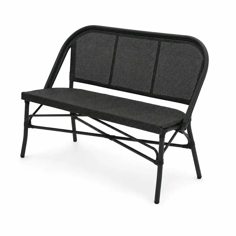 Matteo Bench Schwarz – Perspektivansicht Matteo Bench in Schwarz mit geflochtener Sitzfläche und Rückenlehne in Perspektivansicht