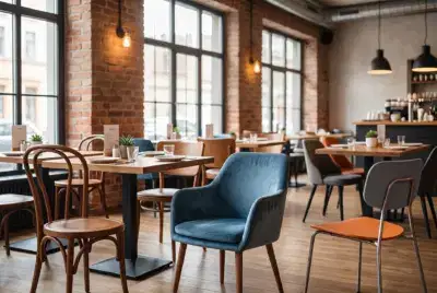 Moderne Gastronomie Einrichtung mit verschiedenen Stuhltypen wie Polsterstühlen und Holzstühlen für Restaurants und Cafés.