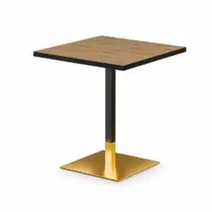 Cafétisch OMEGA 68x68 cm mit quadratischer Holzoptik-Tischplatte und modernem schwarz-goldenem Säulengestell