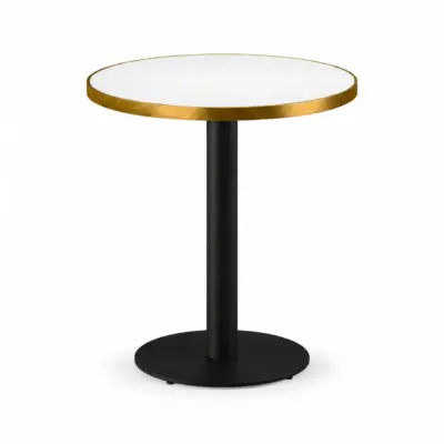 Cafétisch ALFA R Weiß mit runder Tischplatte, goldener Kante und schwarzem Mittelfußgestell