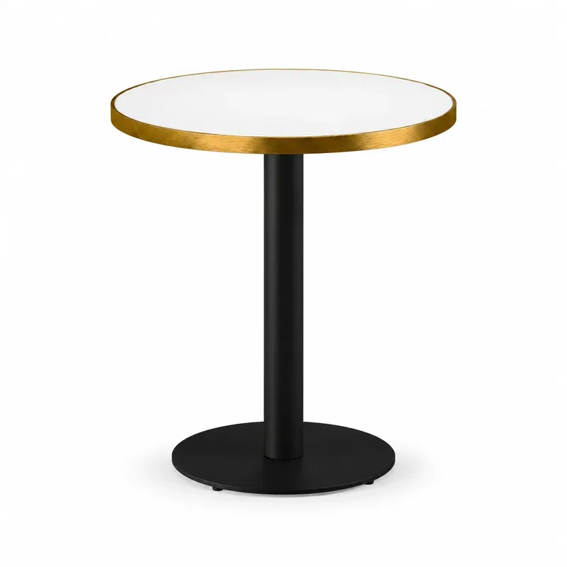 Cafétisch ALFA R Weiß mit Goldener Kante Cafétisch ALFA R Weiß mit runder Tischplatte, goldener Kante und schwarzem Mittelfußgestell