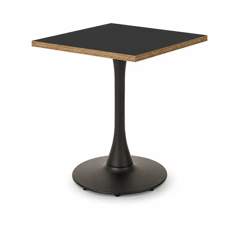 Cafétisch ARIOSO 68x68 cm – moderner Gastronomietisch Cafétisch ARIOSO 68x68 cm mit quadratischer schwarzer Tischplatte, Schichtholzkante und schwarzem Mittelfuß