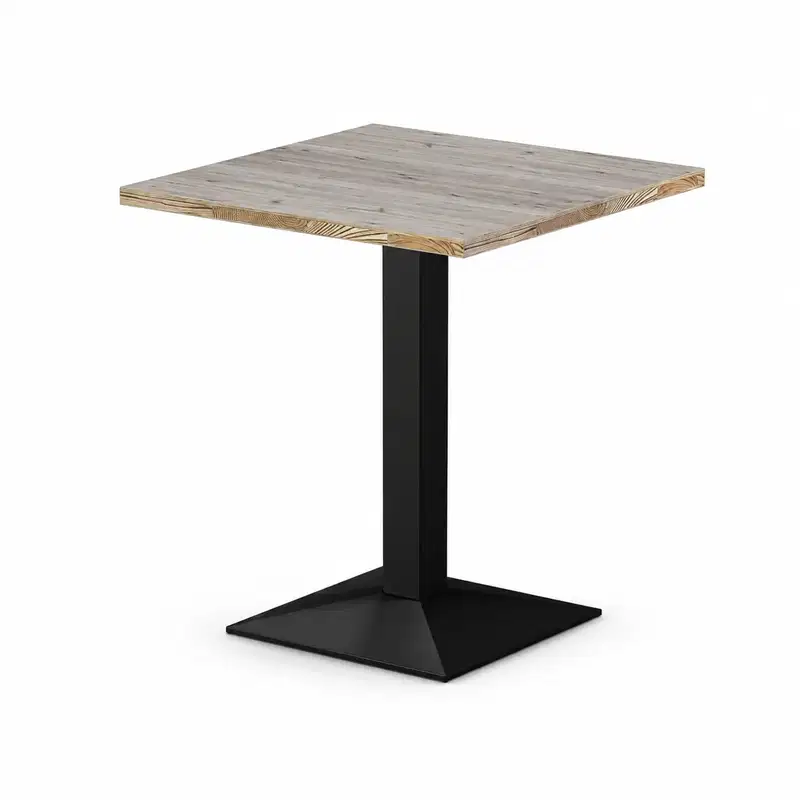 Cafétisch GIZA 68x68 cm – moderner Gastronomietisch Cafétisch GIZA 68x68 cm mit quadratischer Tischplatte in heller Holzoptik und schwarzem Metall-Mittelfuß