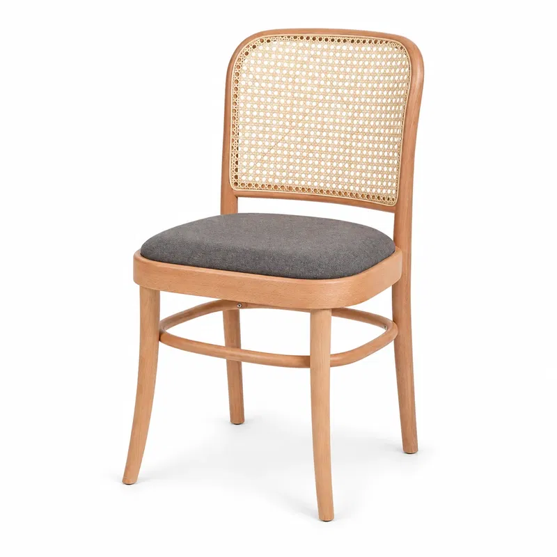 Holzstuhl LOOMI 811 Rattan mit grauem Sitz Holzstuhl LOOMI 811 Rattan mit grauem Polstersitz und geflochtener Rückenlehne