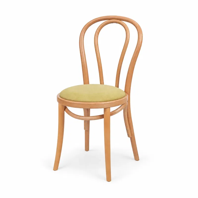 Holzstuhl MONET 18 mit pistaziengrünem Sitz Holzstuhl MONET 18 mit pistaziengrünem Sitz und gebogener Holzrückenlehne