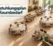 Heller Gastraum mit runden Banketttischen, rechteckigen Tafeln und Stühlen zur Veranschaulichung der Sitzplatz- und Raumplanung.