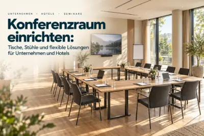 Heller Konferenzraum mit modularen Holztischen, gepolsterten Stühlen, Laptops, Präsentationsbildschirm und Flipchart.