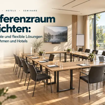 Heller Konferenzraum mit modularen Holztischen, gepolsterten Stühlen, Laptops, Präsentationsbildschirm und Flipchart.