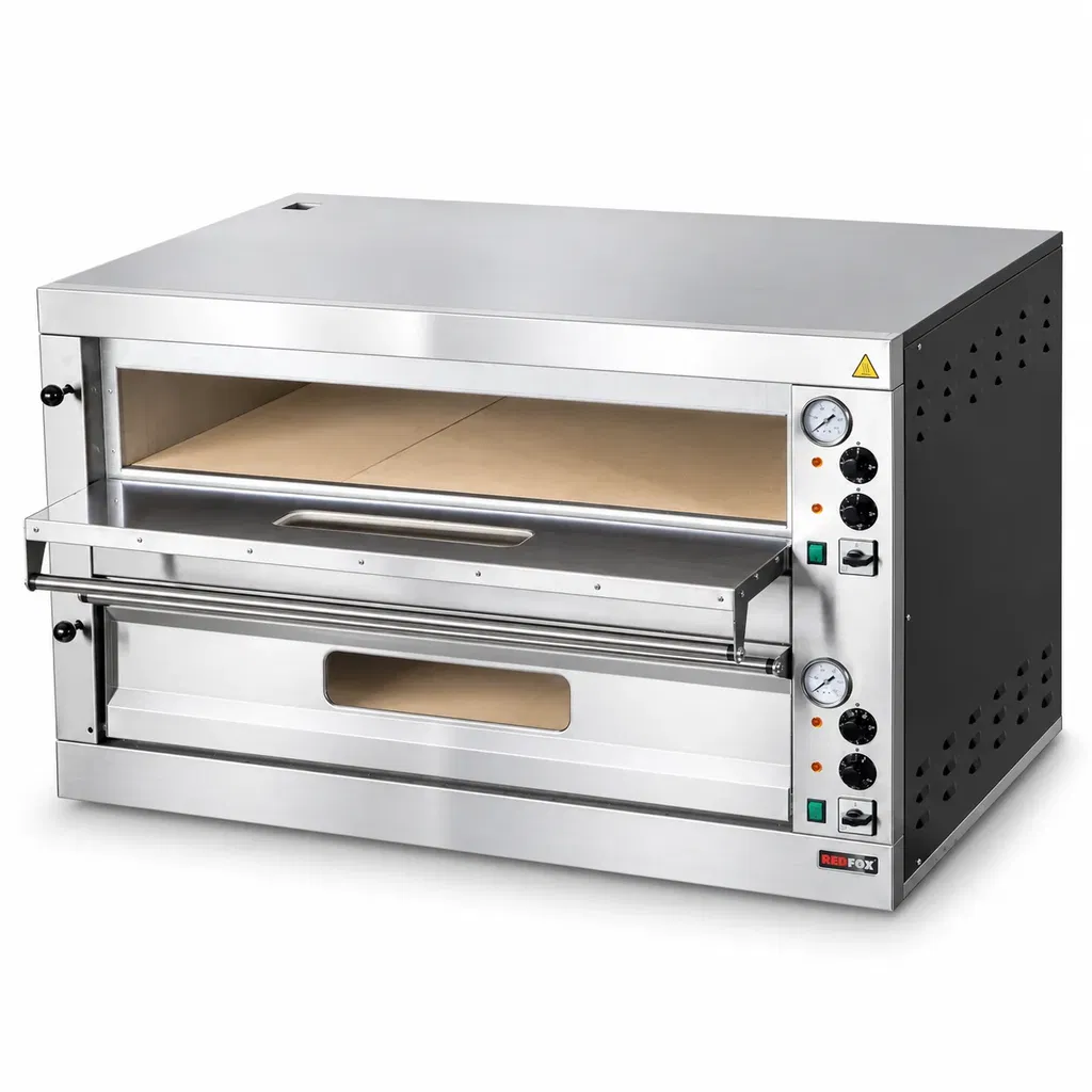 Pizzaofen REDFOX E 12 L – Doppelkammer Pizzaofen aus Edelstahl Pizzaofen REDFOX E 12 L mit zwei Backkammern, Edelstahlgehäuse, Temperaturanzeigen und separaten Bedienelementen für den professionellen Gastronomieeinsatz