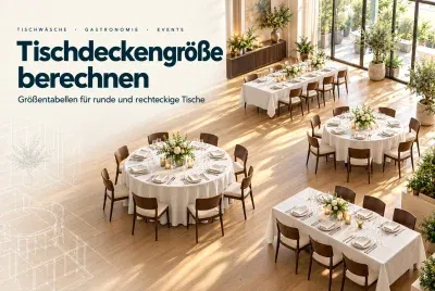Runde und rechteckige Banketttische mit weißen Tischdecken und unterschiedlichem Überhang in einem hellen Veranstaltungssaal.