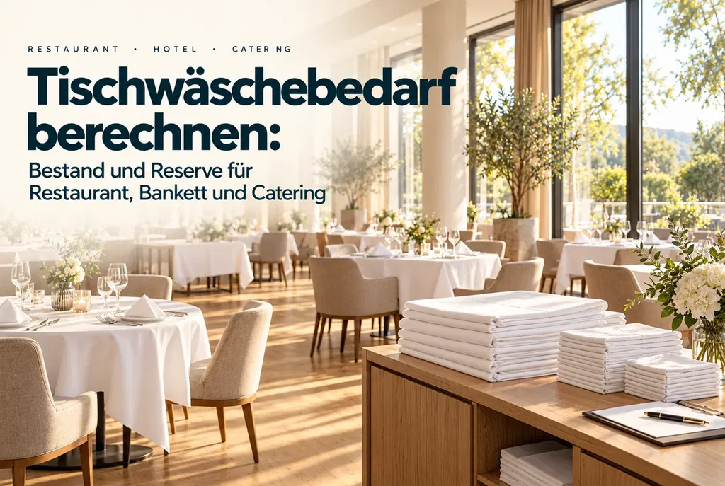 Gedeckte Restauranttische mit weißen Tischdecken und Stoffservietten sowie gefaltete Tischwäsche auf einer Anrichte zur Bestandsplanung.